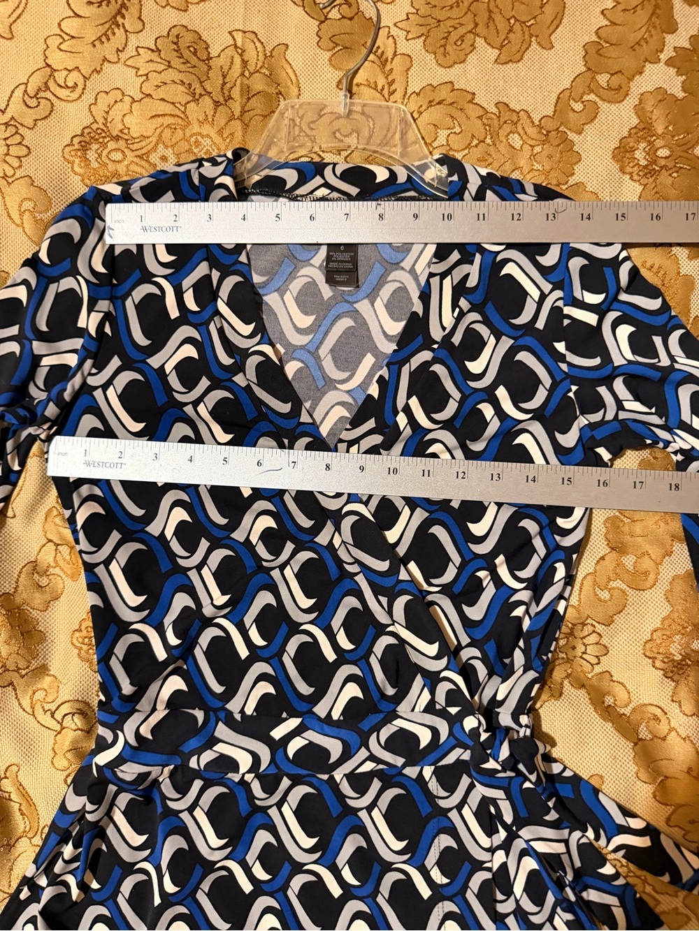 Bisou Bisou Knit Wrap Dress, Black Blue White, Long Sleeve, Tie at Waist, Sz 4 - Picture 14 of 16